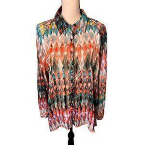 Kaktus Womens Large Abstract Ikat Print Button Front Pleated Blouse Multi-Color